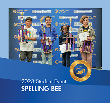 2023 Student Events Spelling Bee with four students holding trophies