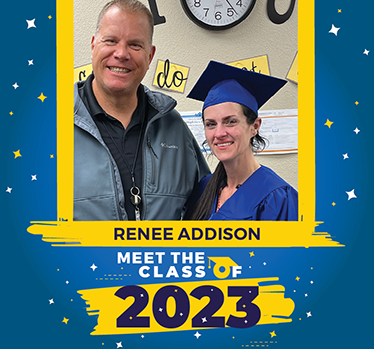 Meet the Class of 2023: Renee-Addison. Renee wearing cap and gown poses with teacher