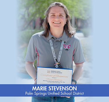 Riverside County Teacher of the Year Marie Stevenson, Palm Springs Unified School District, holding certificate