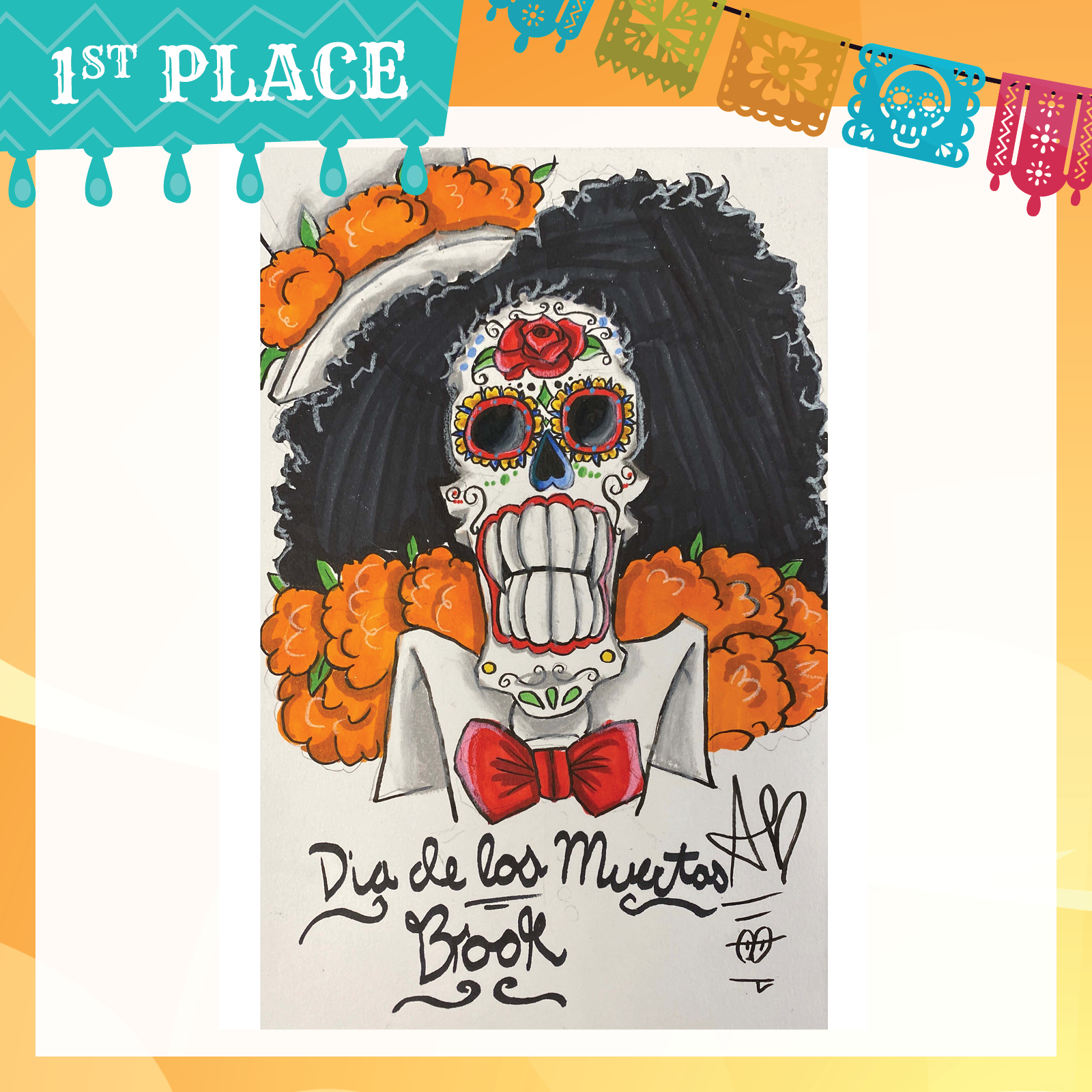 Drawing in marker of a skeleton with lots of black hair, a hat with orange flowers, a red bow tie and a big, toothy grin. Dia de los Muertos Book.