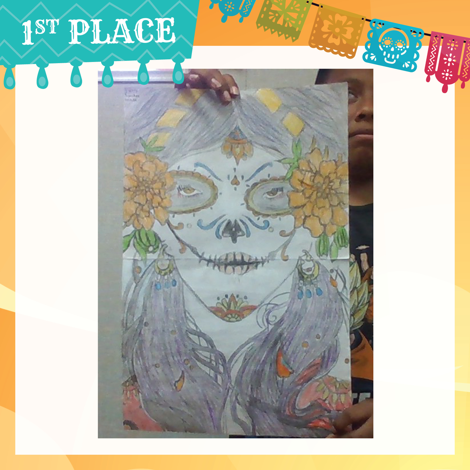Student seen through his drawing on tracing paper of ornate, happy skeleton