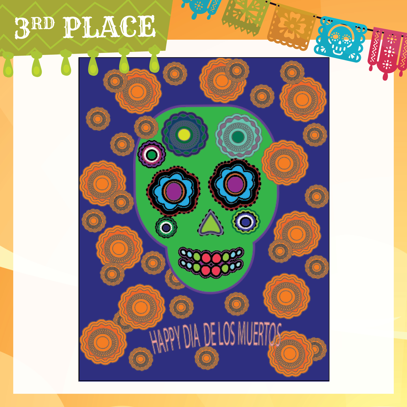Green skull with flowers made of colorful geometric circles on purple background