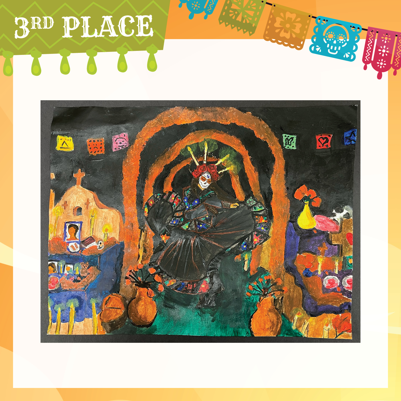 Painting of traditionally dressed female dia de los muertos figure on alter with photographs, candles, crosses and banners