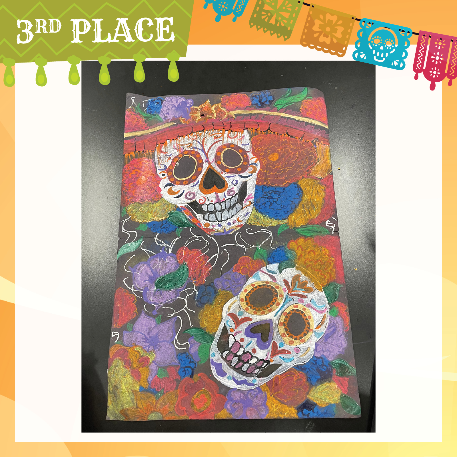 pastel drawing of two Dia de los muertos masks surrounded by festive flowers