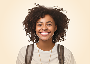 Young woman wearing backpack smiling confidently