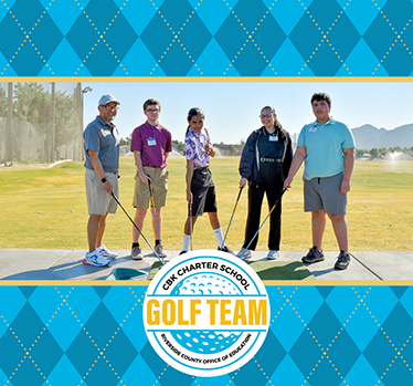 CBK Charter Golf team standing on golf course. CBK Charter Golf Team logo. Riverside County Office of Education