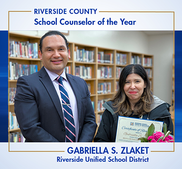 Gabriella S. Zlaket and Dr. Gomez in school library. Riverside County School Counselor of the Year.