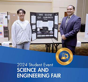 2024 Riverside County Science and Engineering Fair. Student standing by project with administrator