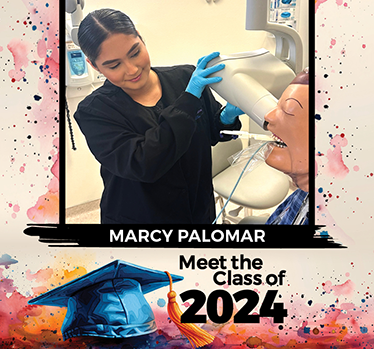 Meet the Class of 2024: Marcy Palomar. Marcy aligns x-ray to mouth of mannequin dental patient