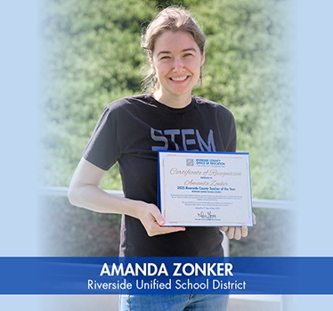 Amanda Zonker. Riverside Unified School District. Amanda smiles holding certificate.