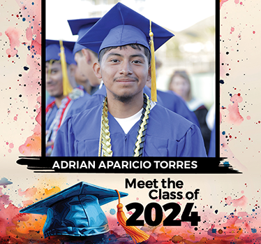 Class of 2024. Adrian Aparicio Torres at graduation ceremony smiling in cap and gown