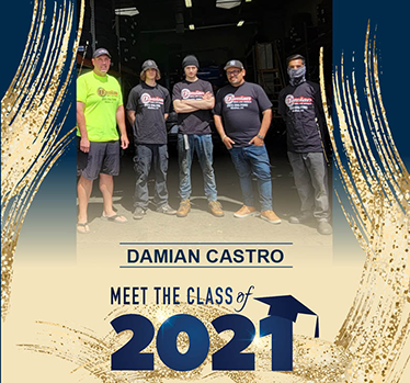 Damian Castro with automotive technician students and teacher