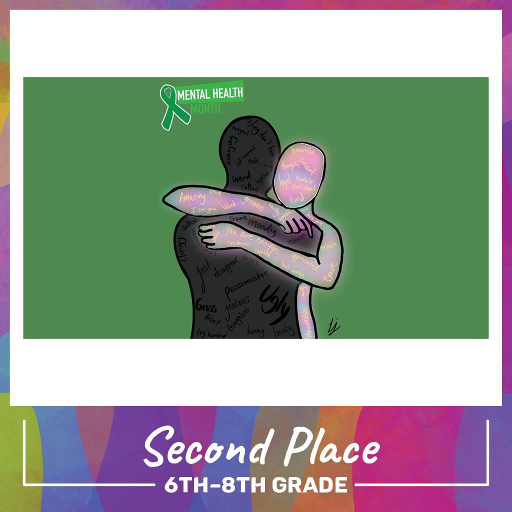 Drawing of a black person and white person hugging