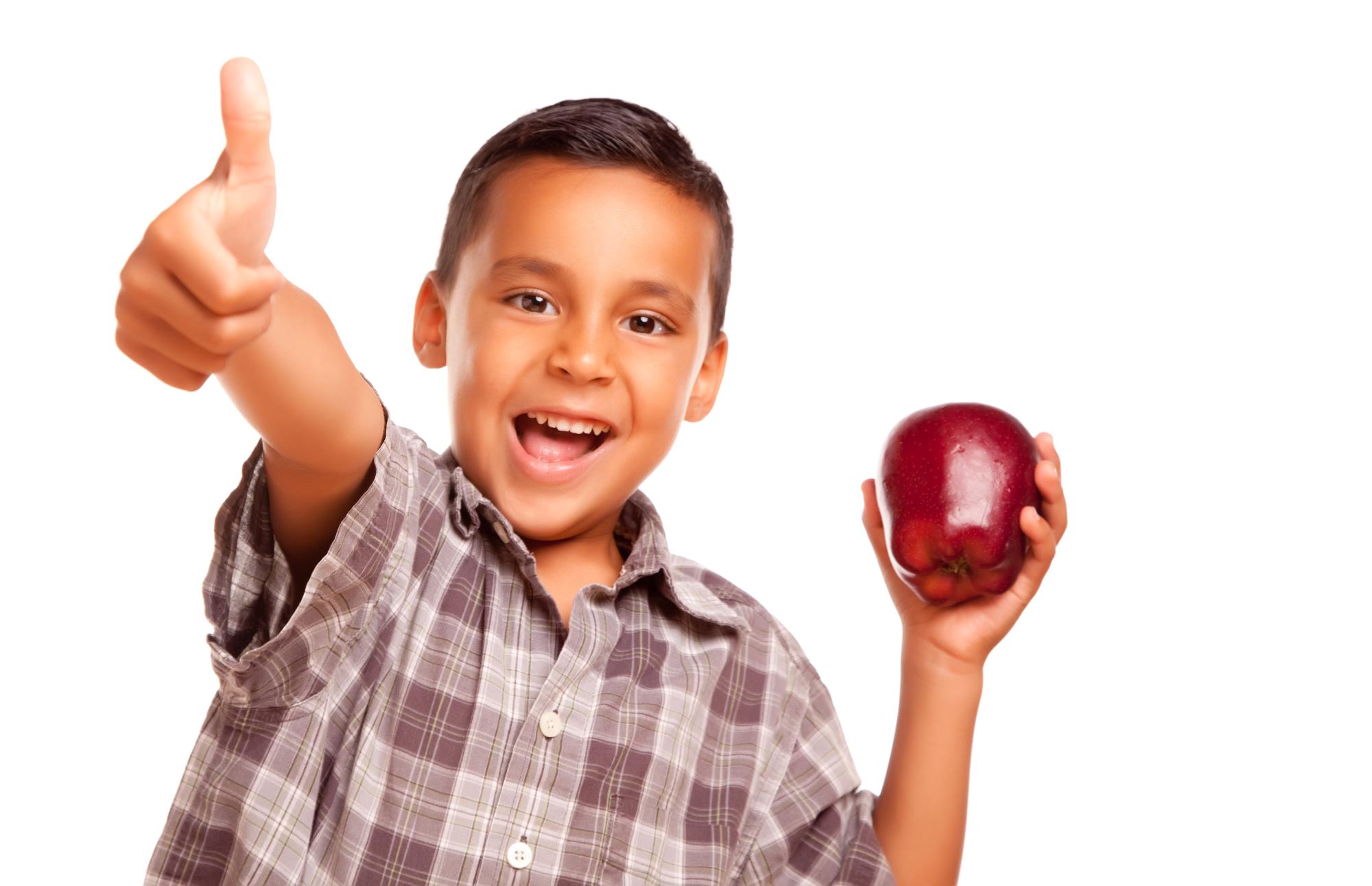 Child with thumbs up holding a red apple
