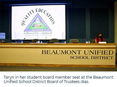Taryn in her student board member seat at the Beaumont  Unified School District Board of Trustees dias.