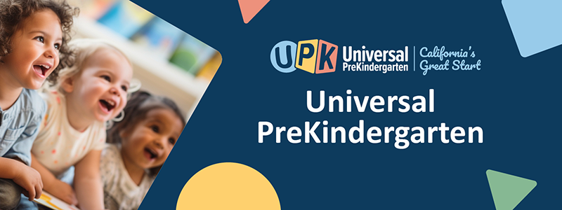 Three toddlers in school setting looking up, smiling and engaged. Universal Prekindergarten. California's Great Start logo.