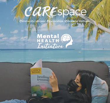 Student laying on coach, wearing mask, reading Healing Trauma book. CAREspace and Mental Health Initiative logos.