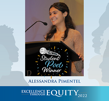 Student Poet Winner, Alessandra Pimentel, smiling at the podium during the Excellence Through Equity Conference 2022