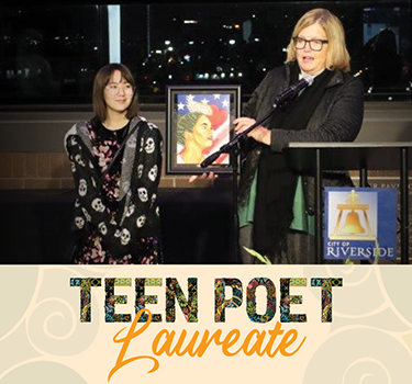 Adult presenting artwork to 2023 Teen Poet Laureate